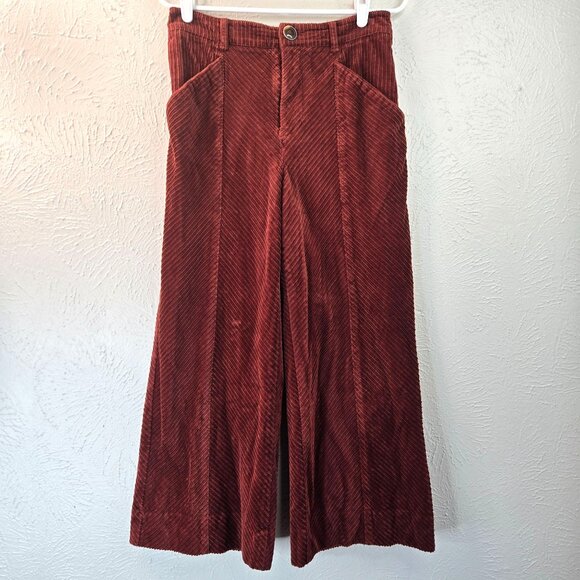 Pilcro High Rise Wide Leg Corduroy Pants Sz 28 Brick Red Ribbed Cropped Trousers - Picture 1 of 12